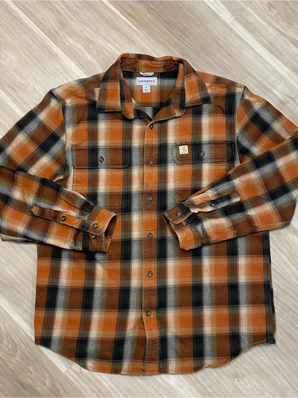 Men’s Carhartt Original Fit Orange & Black Plaid Flannel Shirt - Size Medium